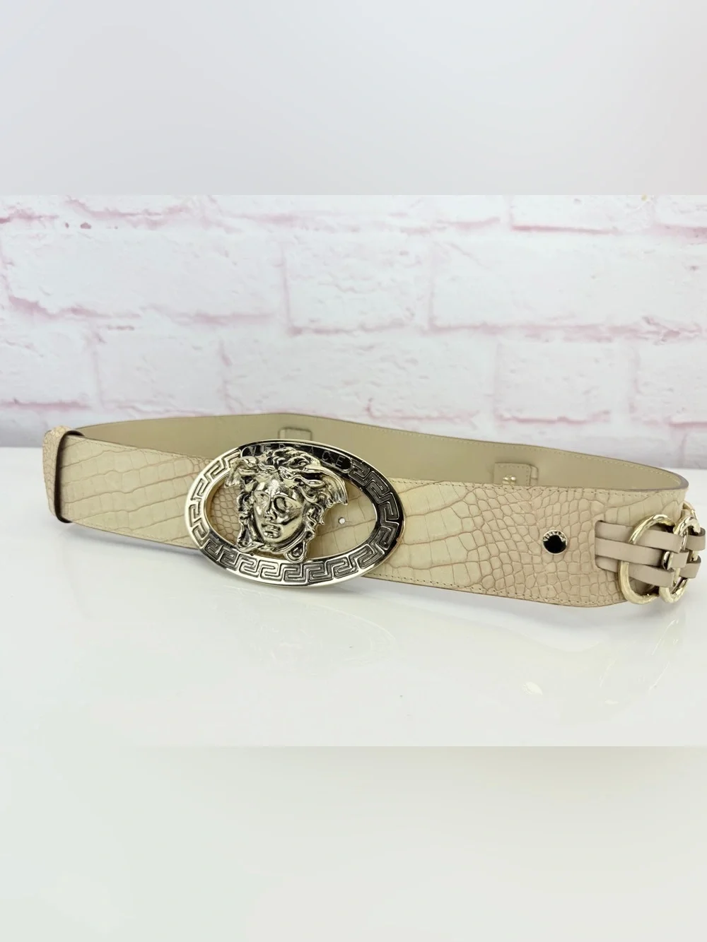 Versace Medusa Crocodile Embossed Leather Belt Beige 85/34 Italy CD9429 Unisex